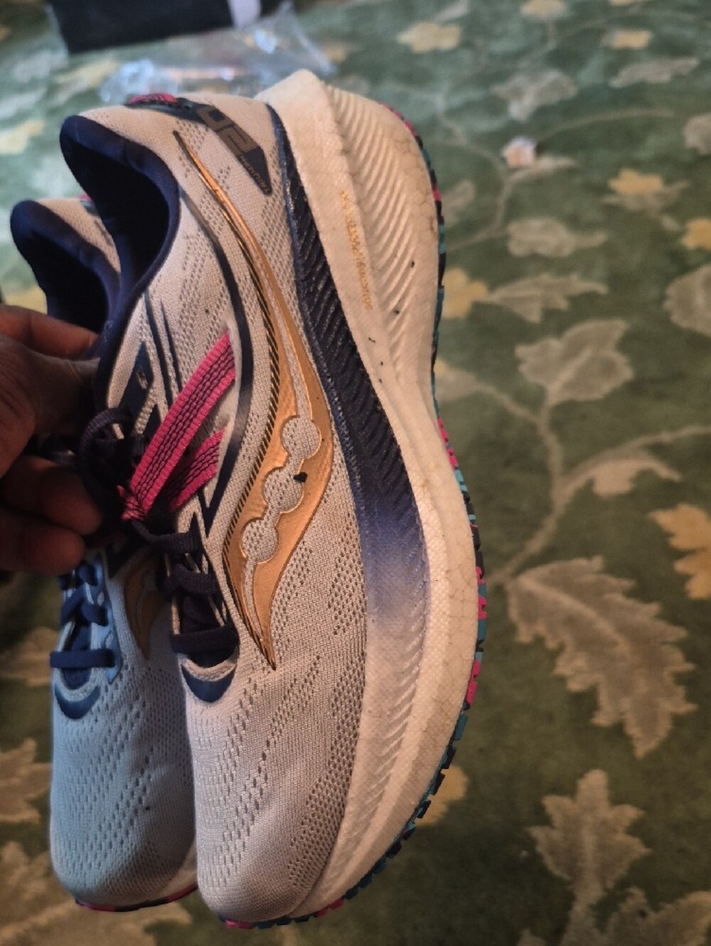 Saucony Women's White, Navy & Pink Running Shoes with Gold Accents - Picture 2 of 10